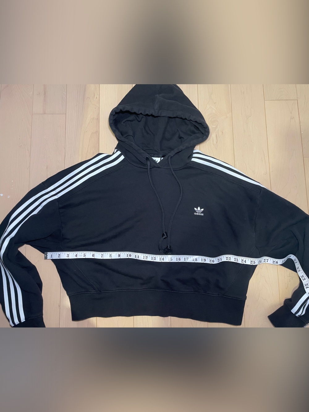 ADIDAS Hoodie Black Cropped Crewneck Sweater with White Stripes Sporty Luxury - Picture 5 of 7